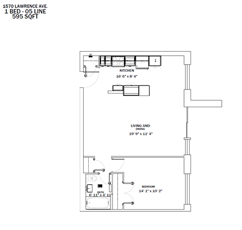 Floor plan for 1 bed, 1 bath, 701 sqft
